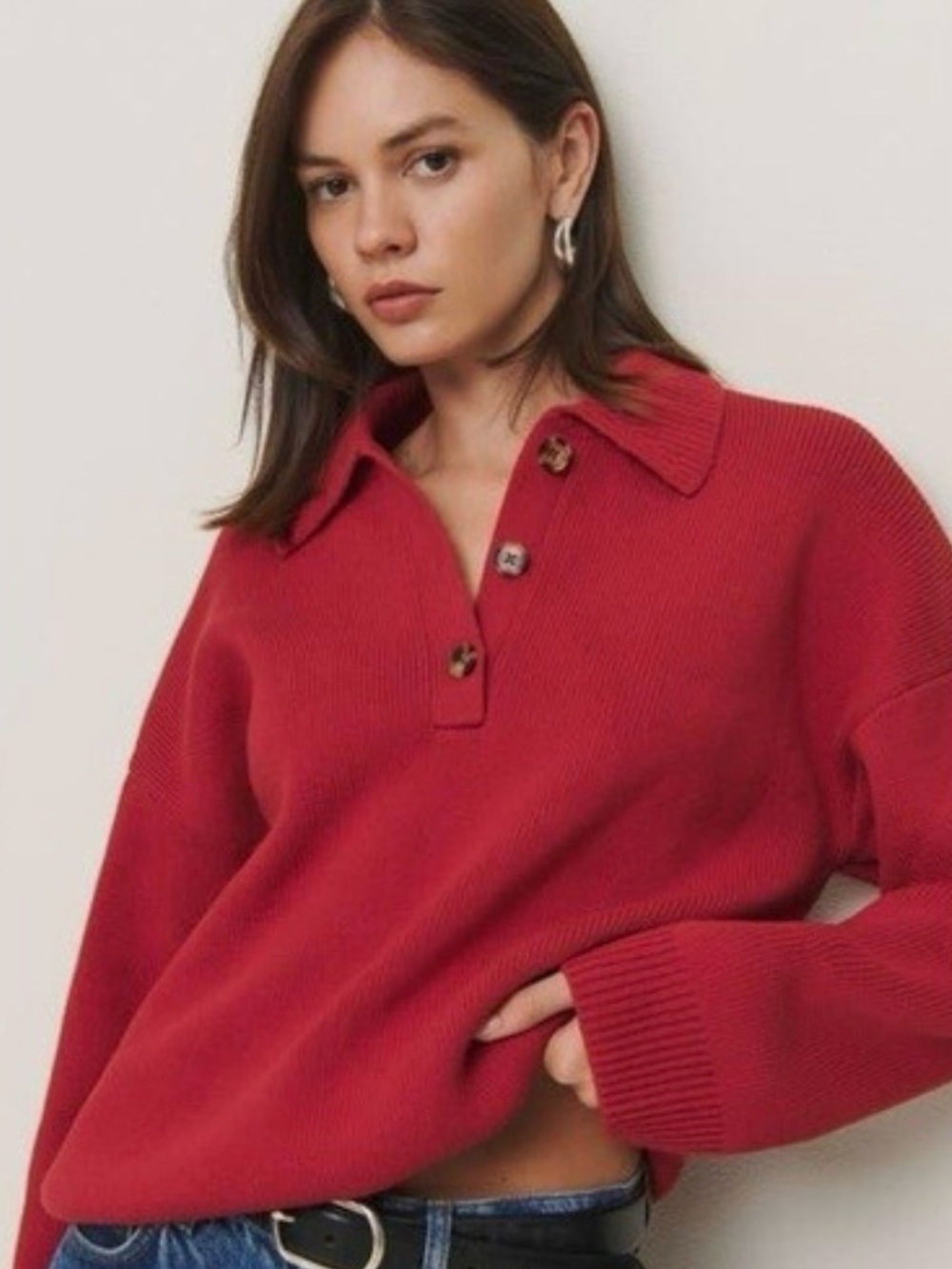 Reformation Brooklyn Cotton Polo Sweater Red Organic Cotton Small